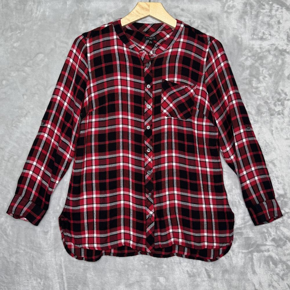 Talbots Shirt Womens Medium Petite Red Black Plaid Button Down Long Sleeve Top